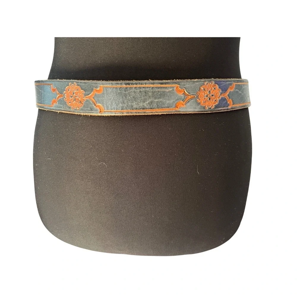 Steve Haymaker Vintage 70s Tooled Leather Belt Blue Floral Western Boho 35in